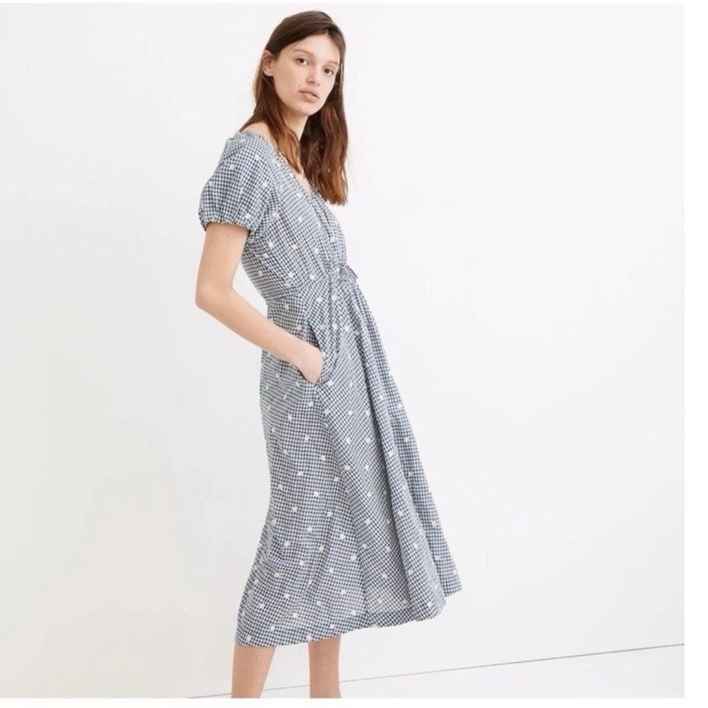 Madewell Gingham Embroidered Dot Puff Sleeve Midi Dress Navy White XXS - Picture 4 of 8